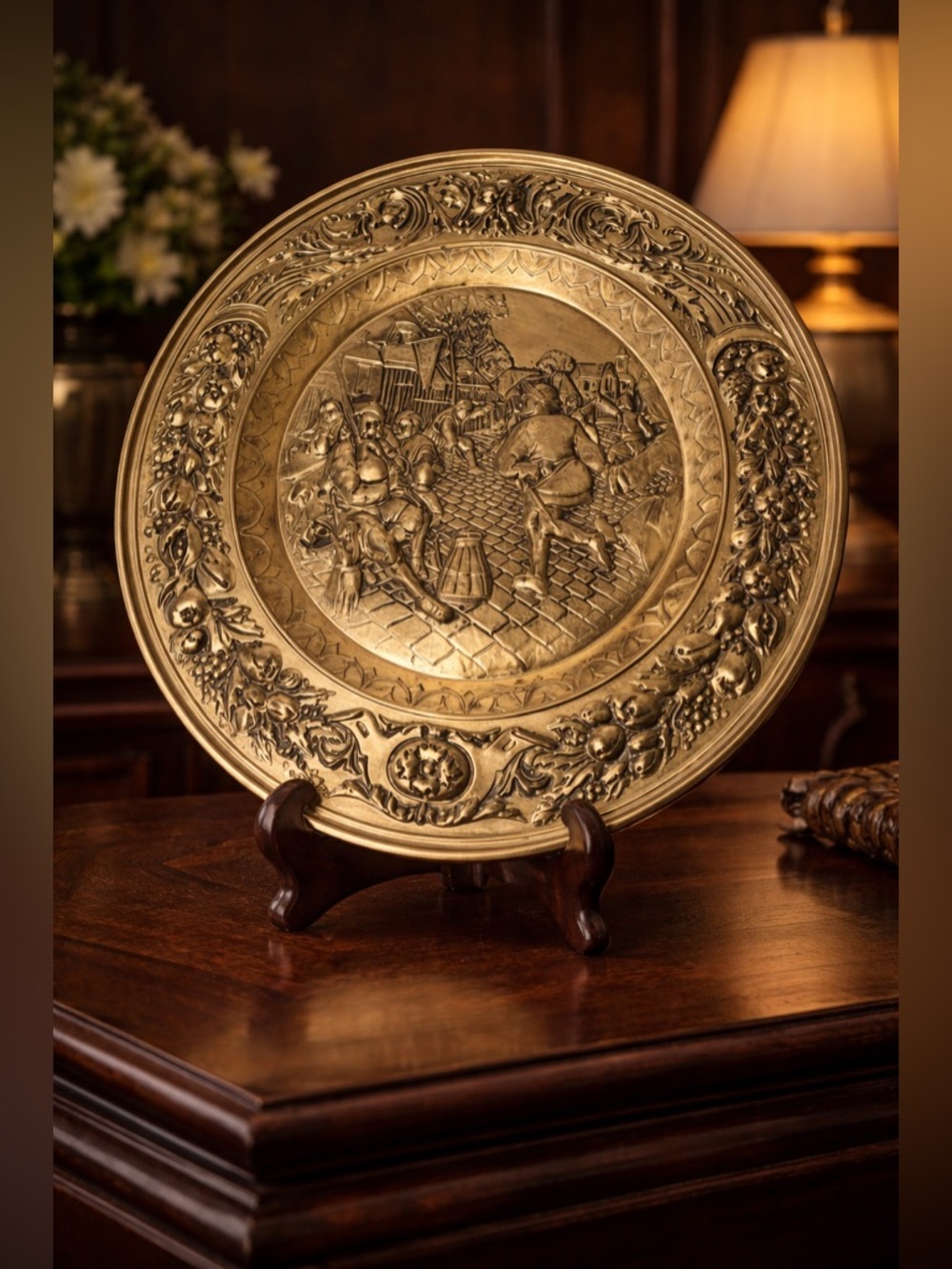 Large Vintage English Brass-Plated Wall Charger • Embossed Medieval Scene Plate